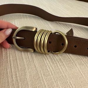 Free People brown faux leather belt with gold chunky accent buckles